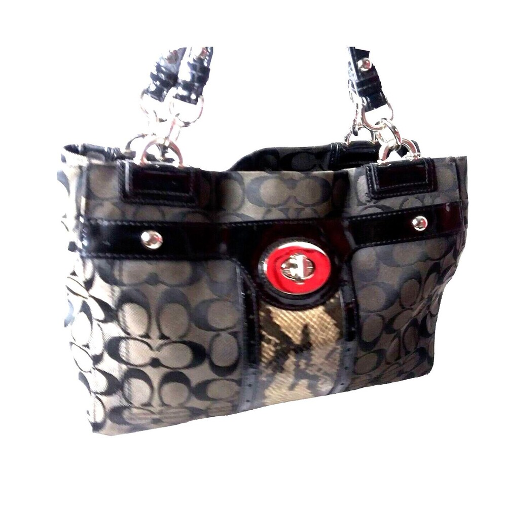 COACH F16580 Black Logo Canvas & Leather Handbag Python Embossed Accent